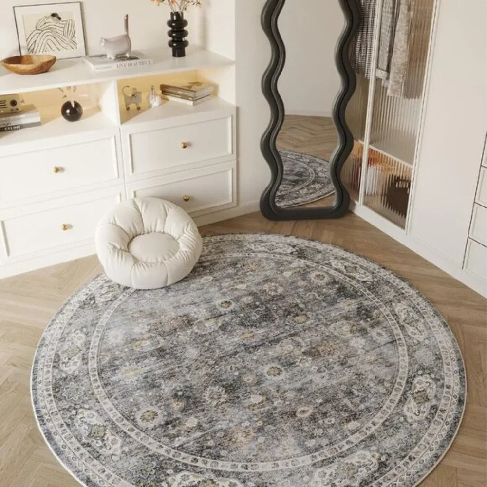 New 4ft Washable Grey Circular Rug, Non-Slip Low Pile Carpet for Bedroom & Dorm